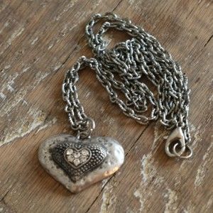 Antique Silver Tone and Rhinestone Heart Chain Necklace